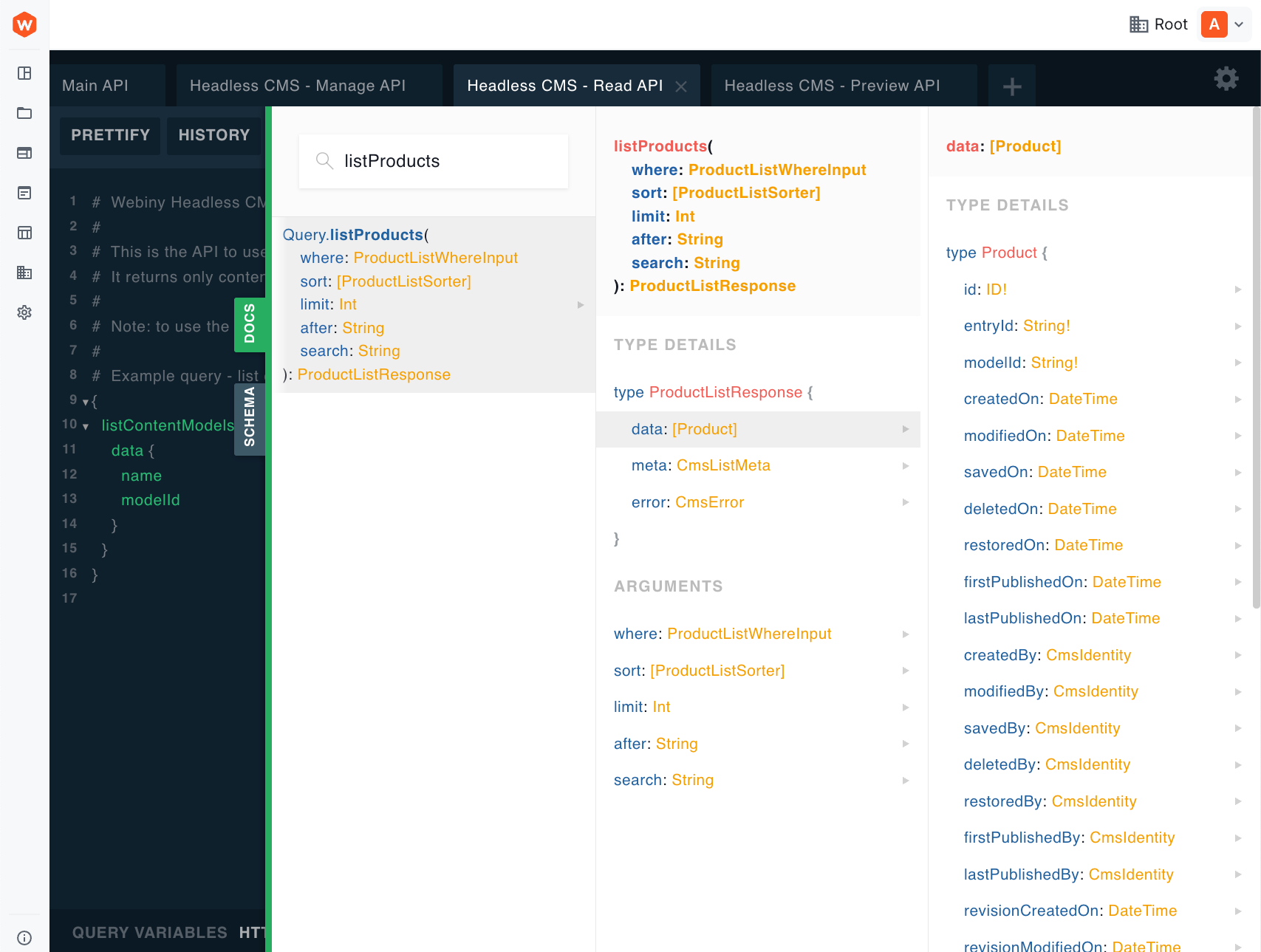 Documentation Explorer showing Product model fields after navigating through listProducts to the Product type